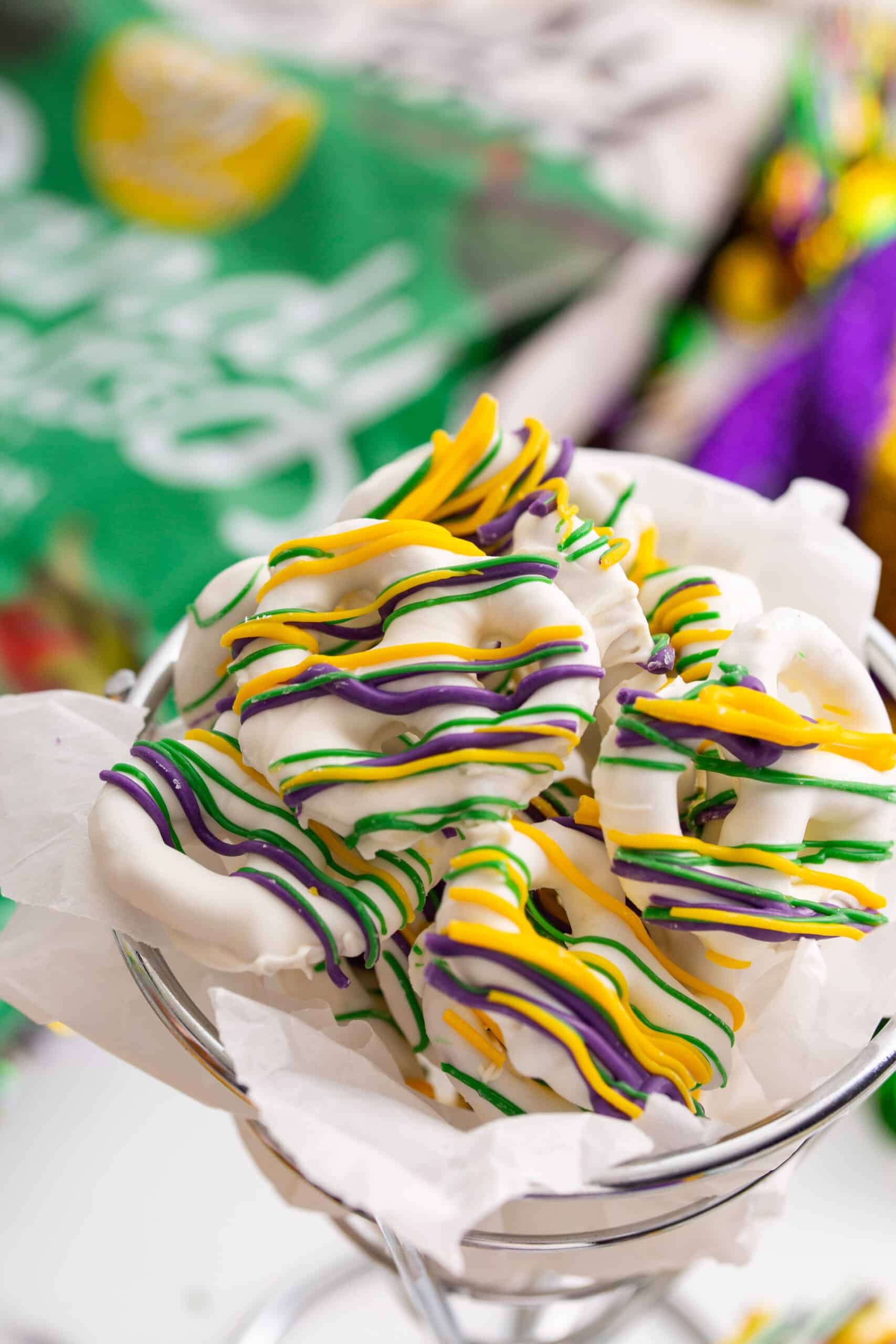 family-friendly Mardi Gras candies: candy melt pretzels