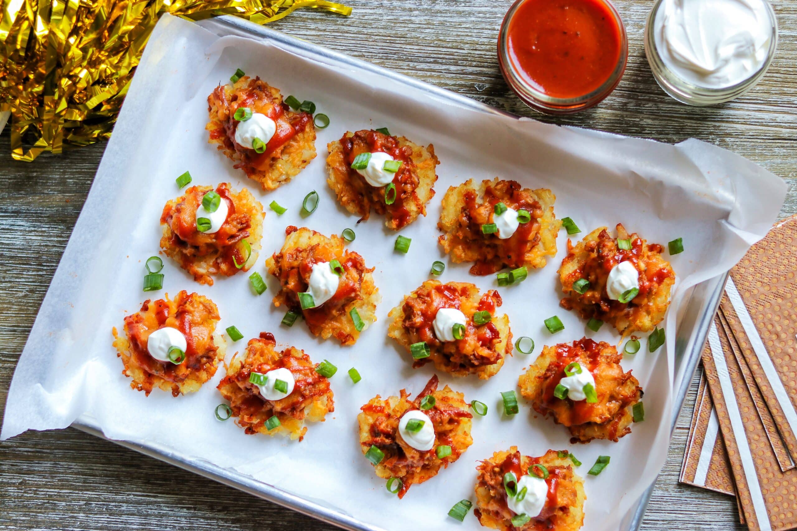 Tater Tot Appetizers - Super Crispy Tot Potato “Skins” with Pulled Pork