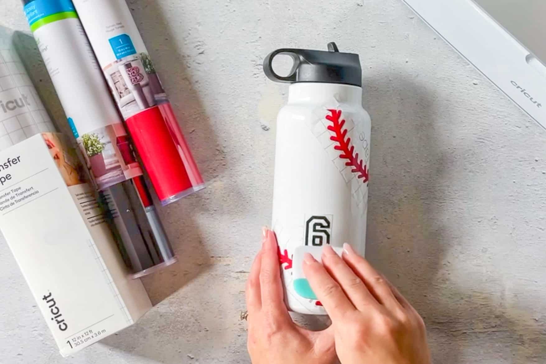 baseball mom Cricut project: personalized baseball water bottles