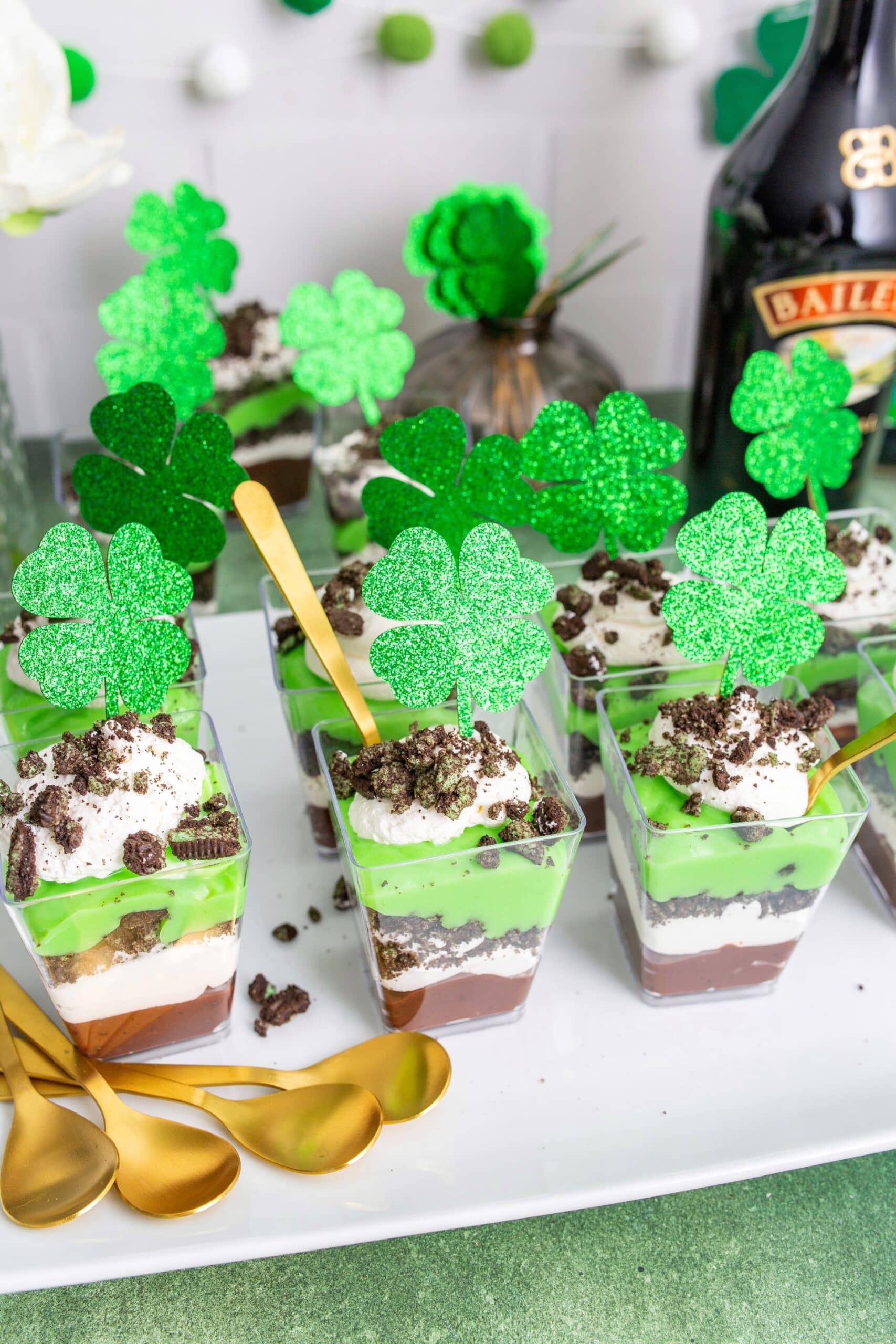 St. Patrick's Day pudding shots with Baileys and crème de menthe