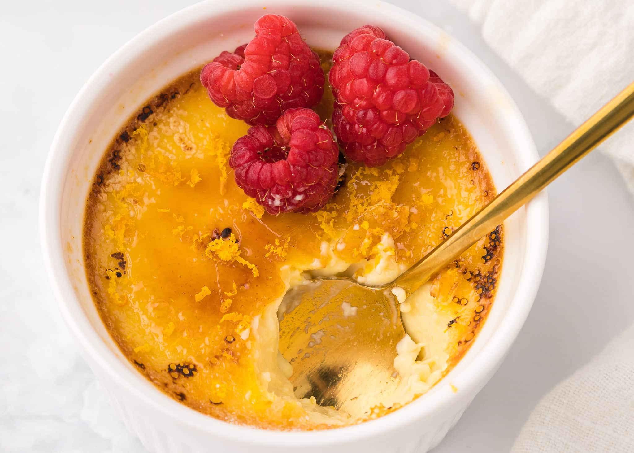 Lighter Honey-Orange Crème Brûlée with Raspberries (low calorie creme brulee recipe)