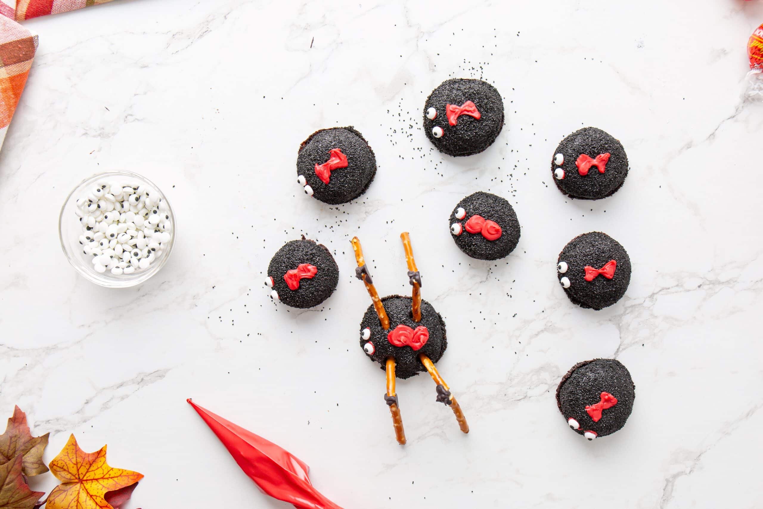 Halloween mini brownie bites shaped like black widow spiders