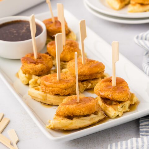 Chicken and Waffle Bites (mini chicken and waffles appetizer with hot honey sauce)