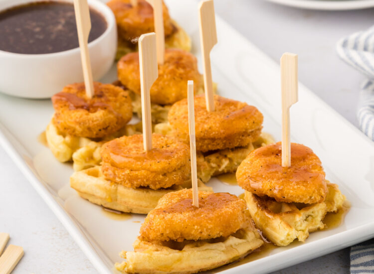 Chicken and Waffle Bites (mini chicken and waffles appetizer with hot honey sauce)