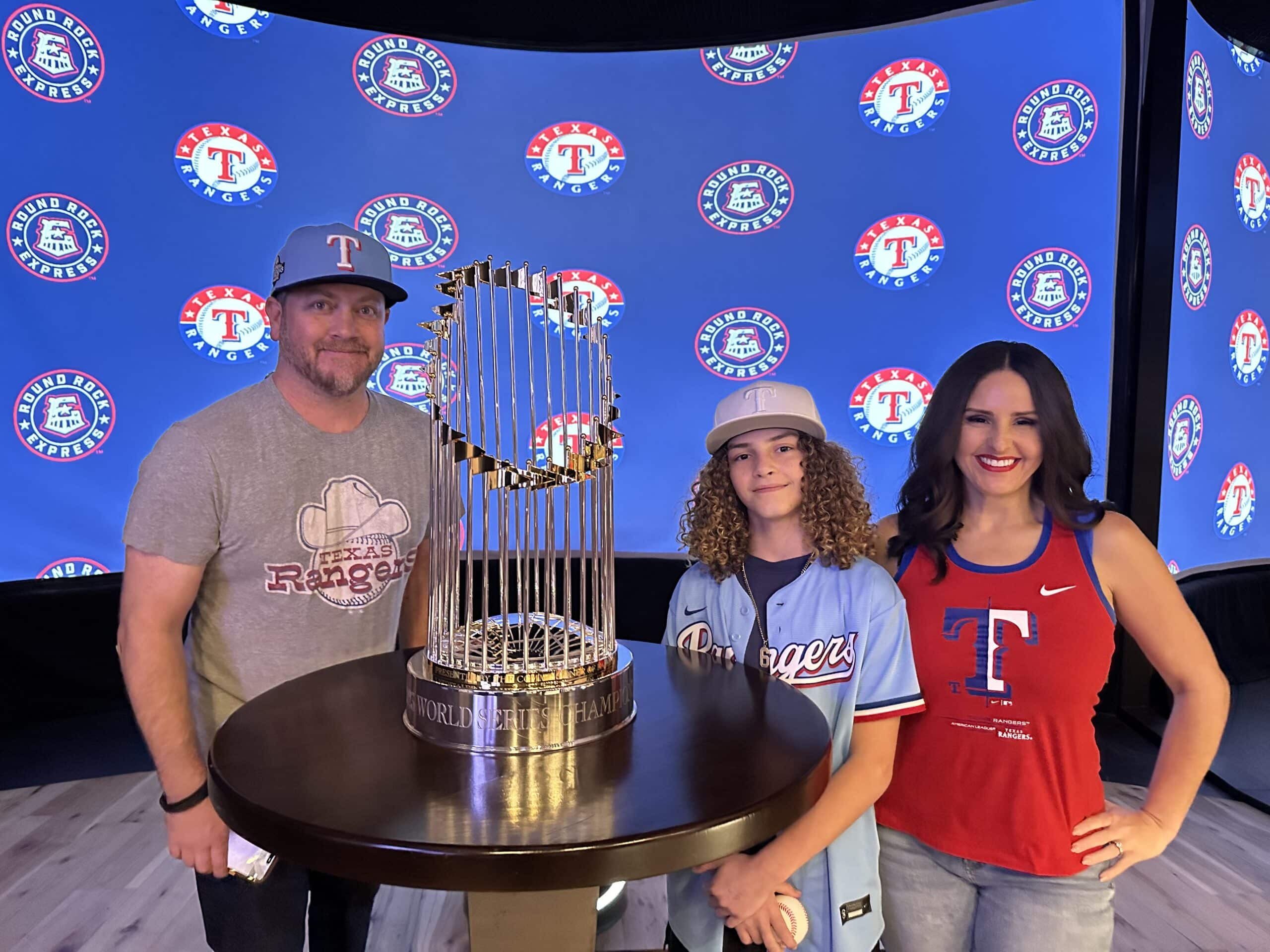 Texas Rangers World Series Trophy Photo Opportunity at the Round Rock Express baseball game