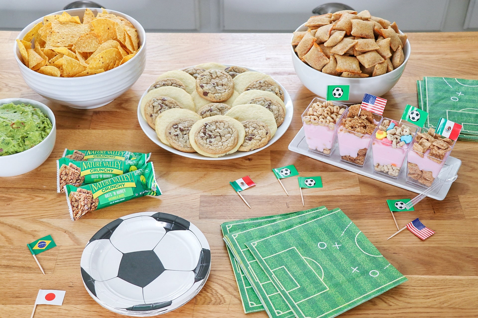 soccer party ideas: food spread for a soccer watch party or end of season soccer team party