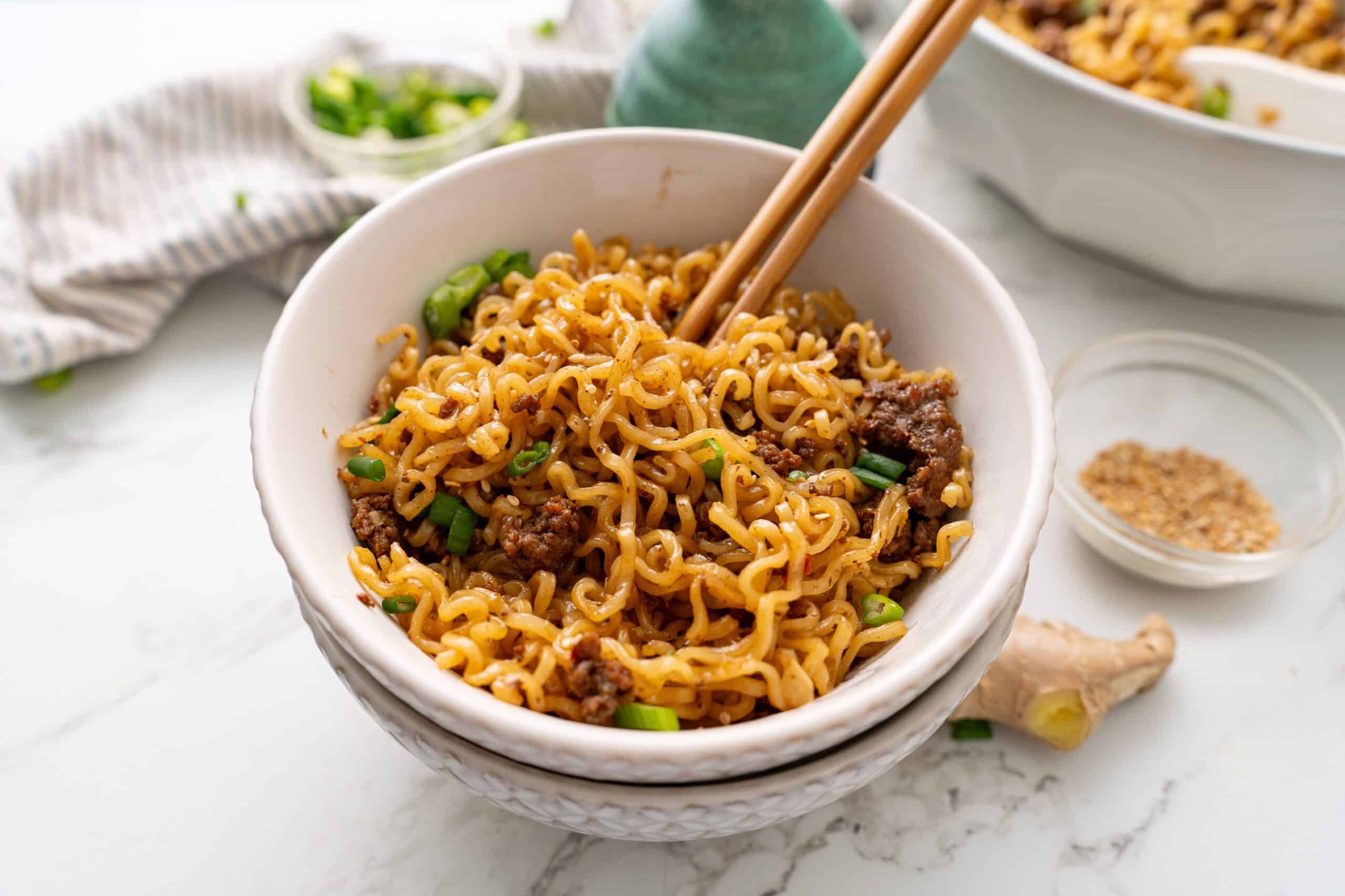 Korean instant ramen noodles with ground beef (Korean-Style Ground Beef Ramen)