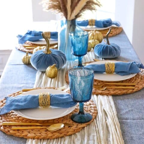 Out-of-the-Box Fall Tablescape: Blue and Gold Table Decoration Ideas for Fall