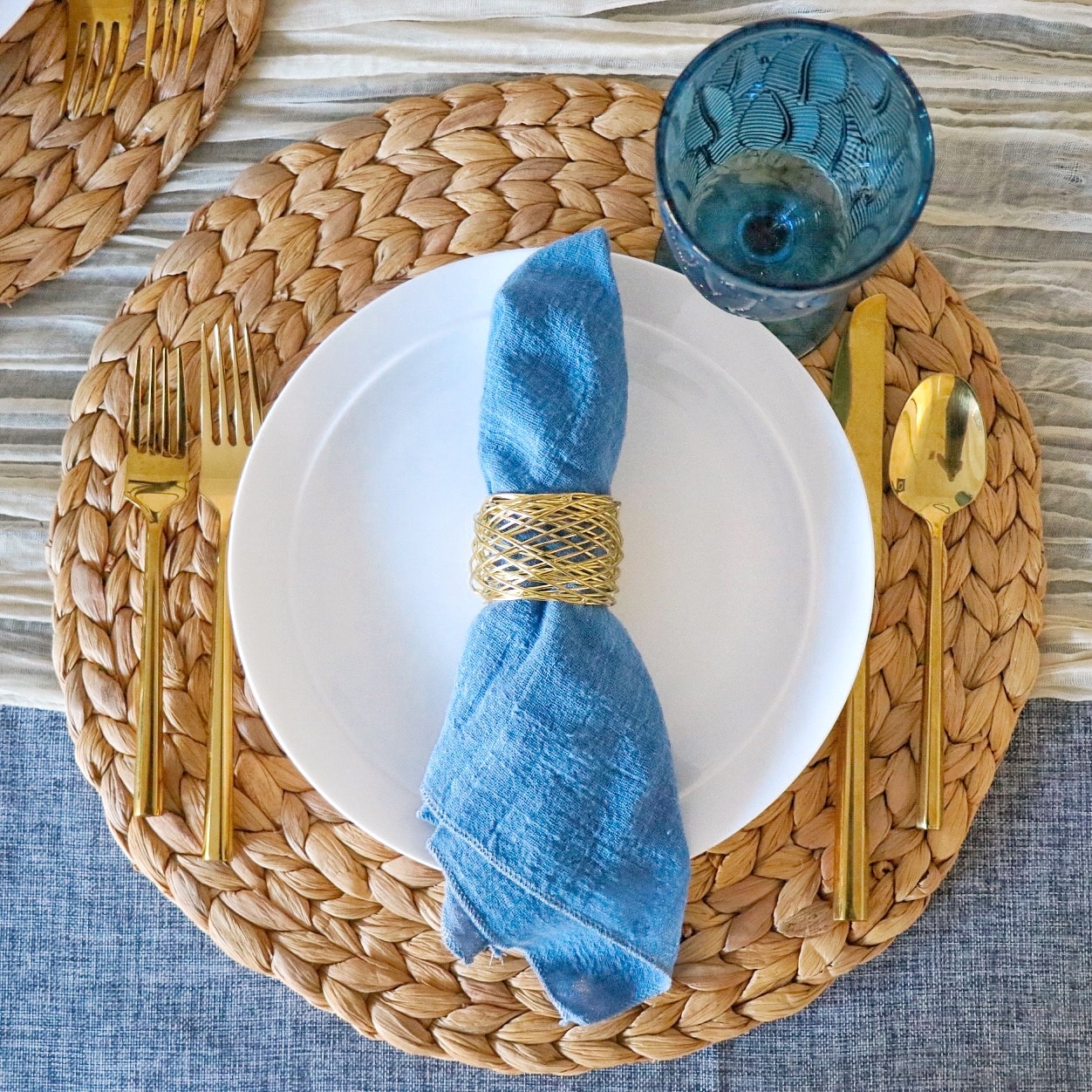 blue and gold fall tablescape