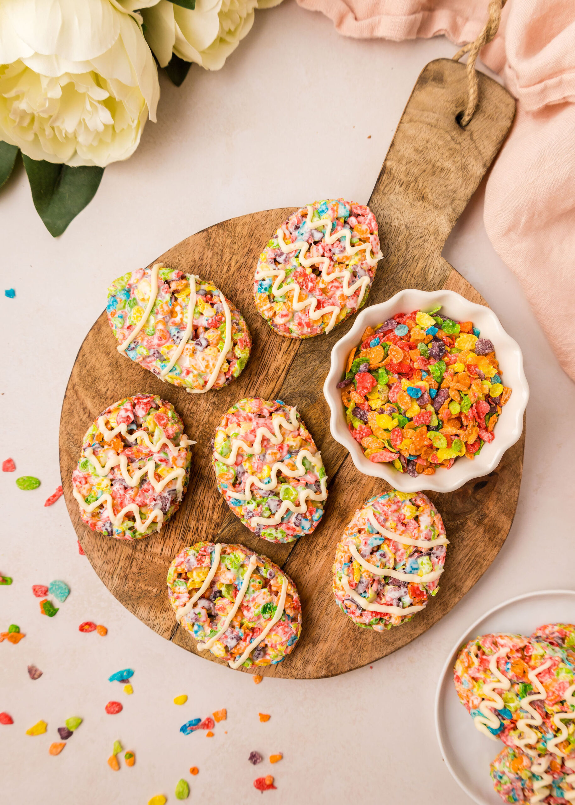 Fruity Pebbles Treats shaped and decorated like Easter eggs