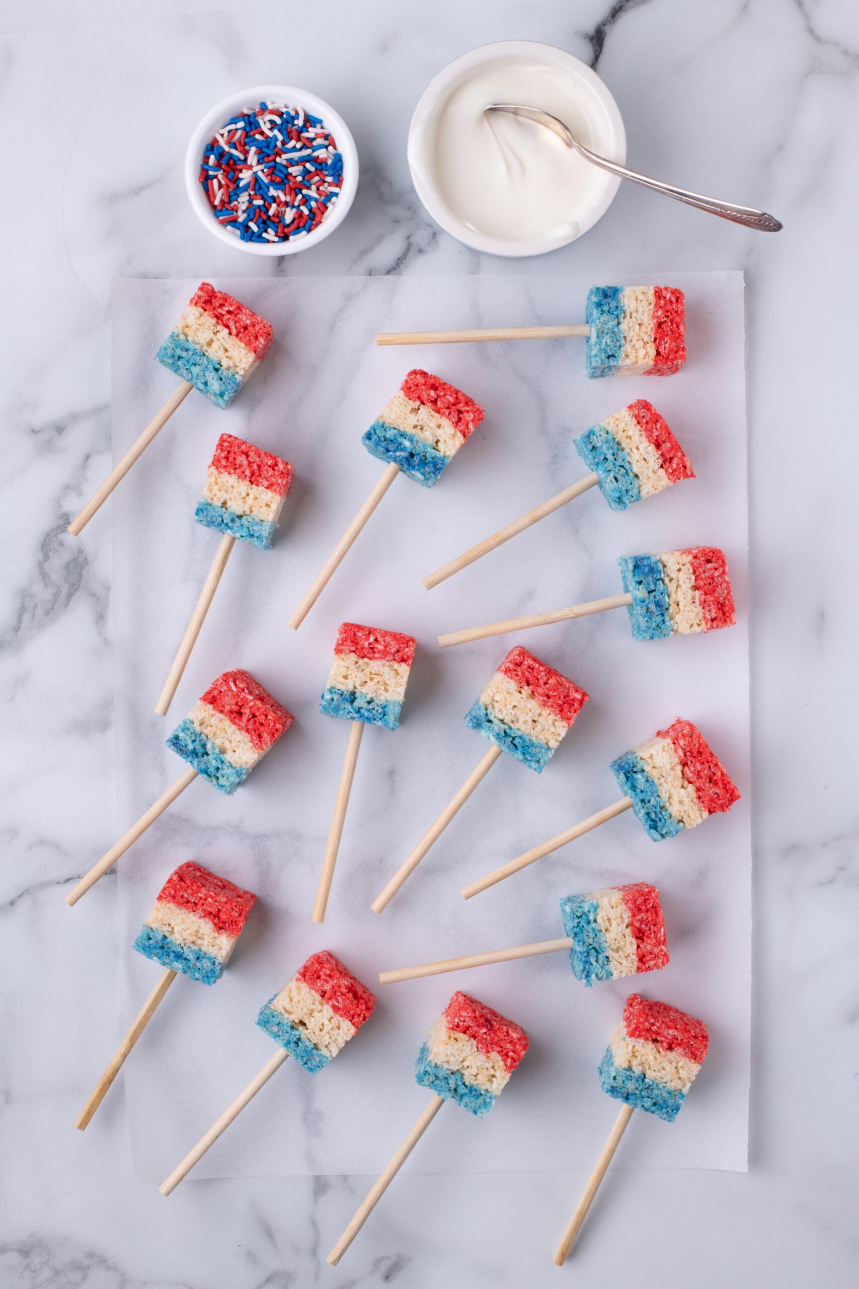 how to make 4th of July Rice Krispie Treats on a stick