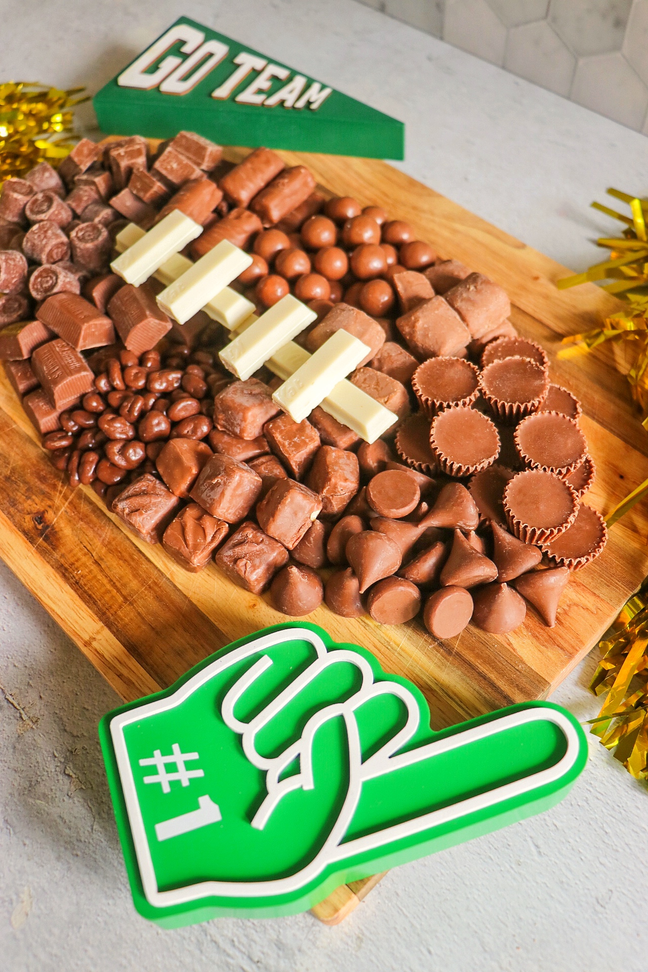 football snack board or football dessert board for a super bowl party