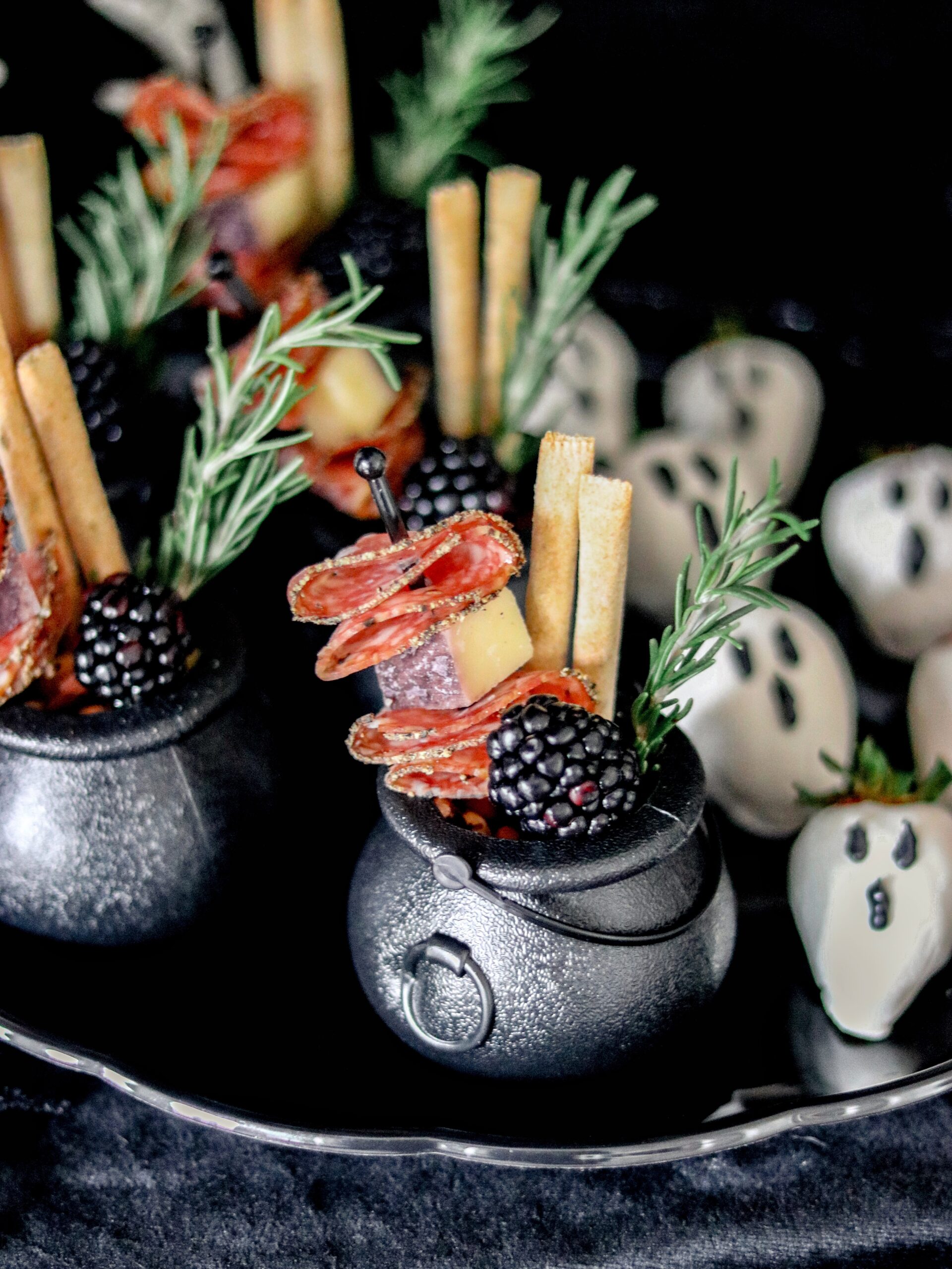 Halloween individual appetizers: Mini Charcuterie Cauldrons