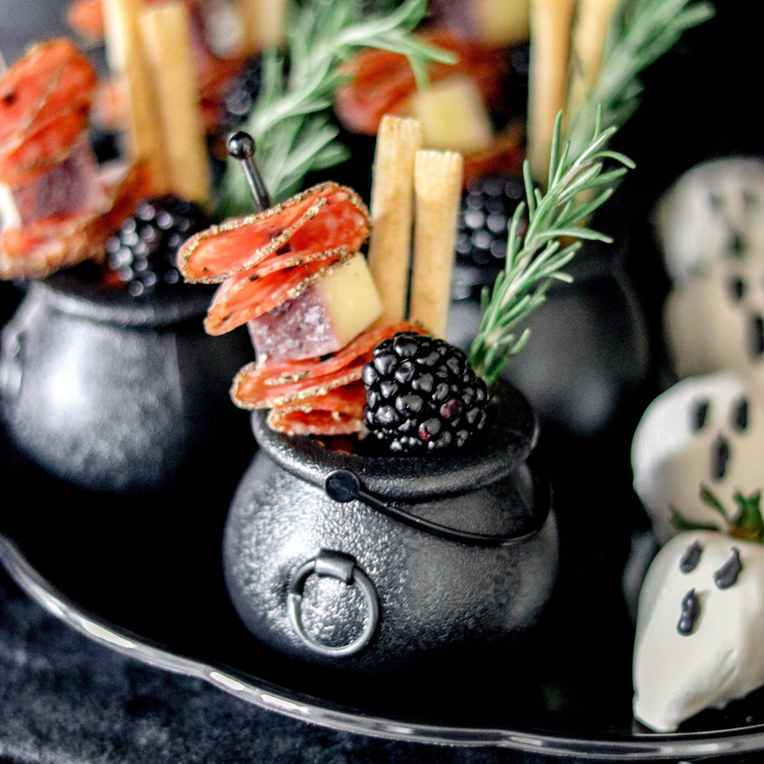 Halloween charcuterie ideas: mini charcuterie cauldron
