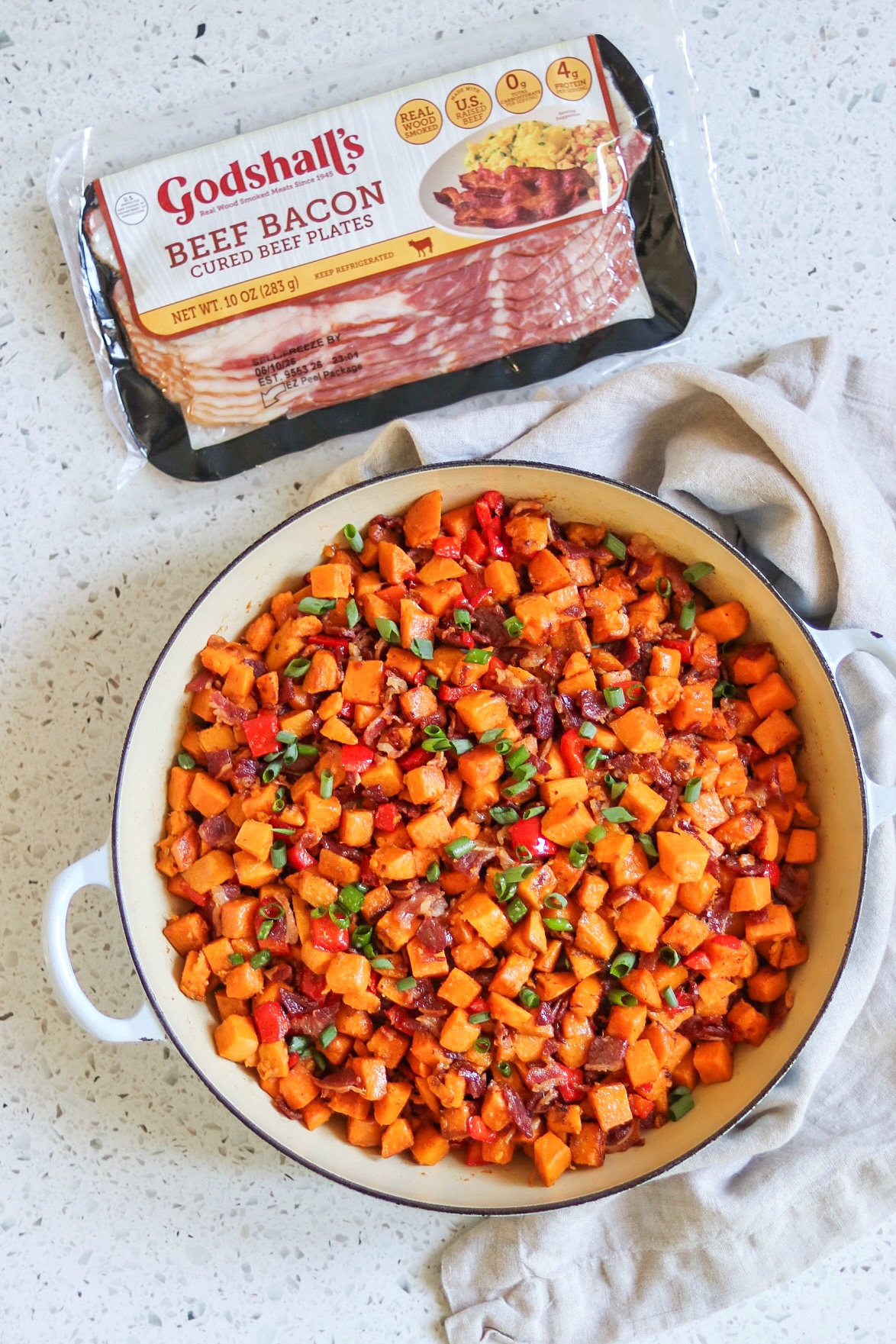 beef bacon recipes: bacon and sweet potato hash