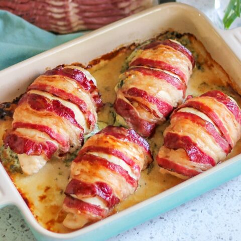 Beef Bacon-Wrapped Spinach-Stuffed Chicken Breasts