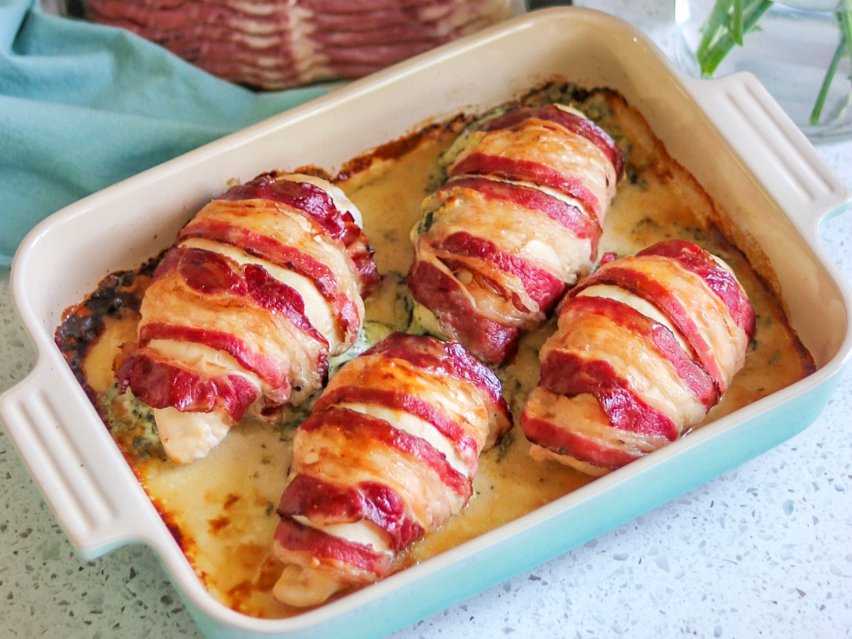 Beef Bacon-Wrapped Spinach-Stuffed Chicken Breasts