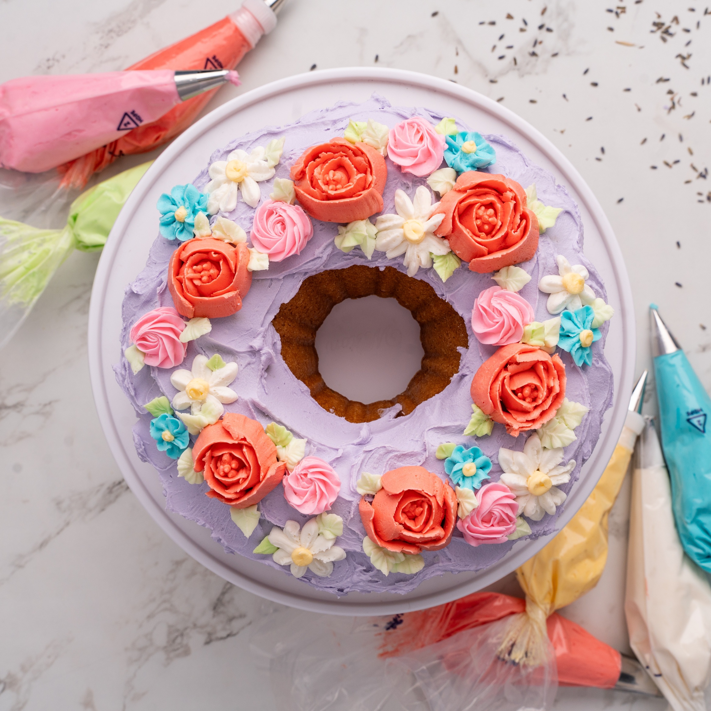 Vanilla Lavender Bundt Cake with Buttercream Flowers