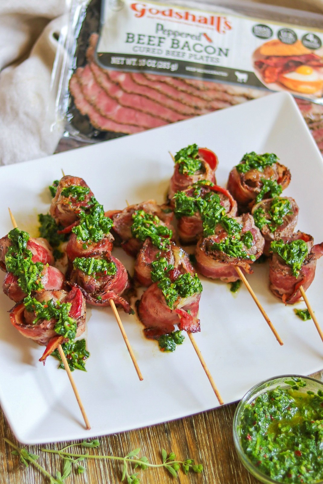 Beef Bacon-Wrapped Steak Bites with Garlic Chimichurri