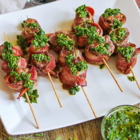 Beef Bacon-Wrapped Steak Bites with Garlic Chimichurri recipe