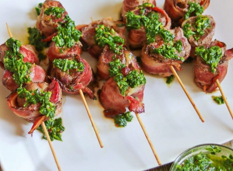 Beef Bacon-Wrapped Steak Bites with Garlic Chimichurri recipe