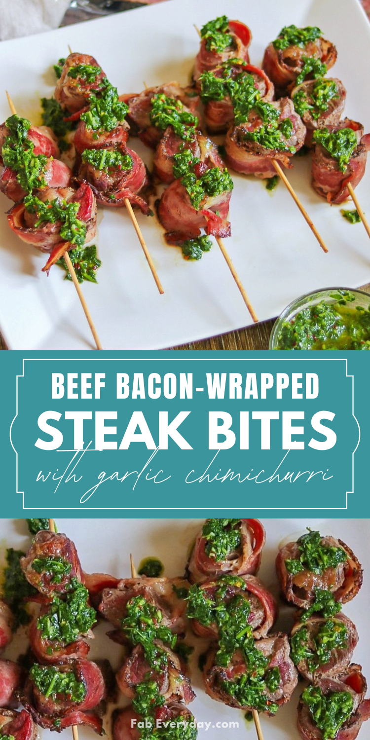 Beef Bacon-Wrapped Steak Bites with Garlic Chimichurri recipe