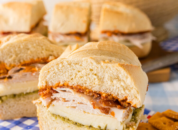 Tote-and-Slice Turkey, Bacon, and Pesto Loaf Sandwiches (easy picnic sandwich recipe)