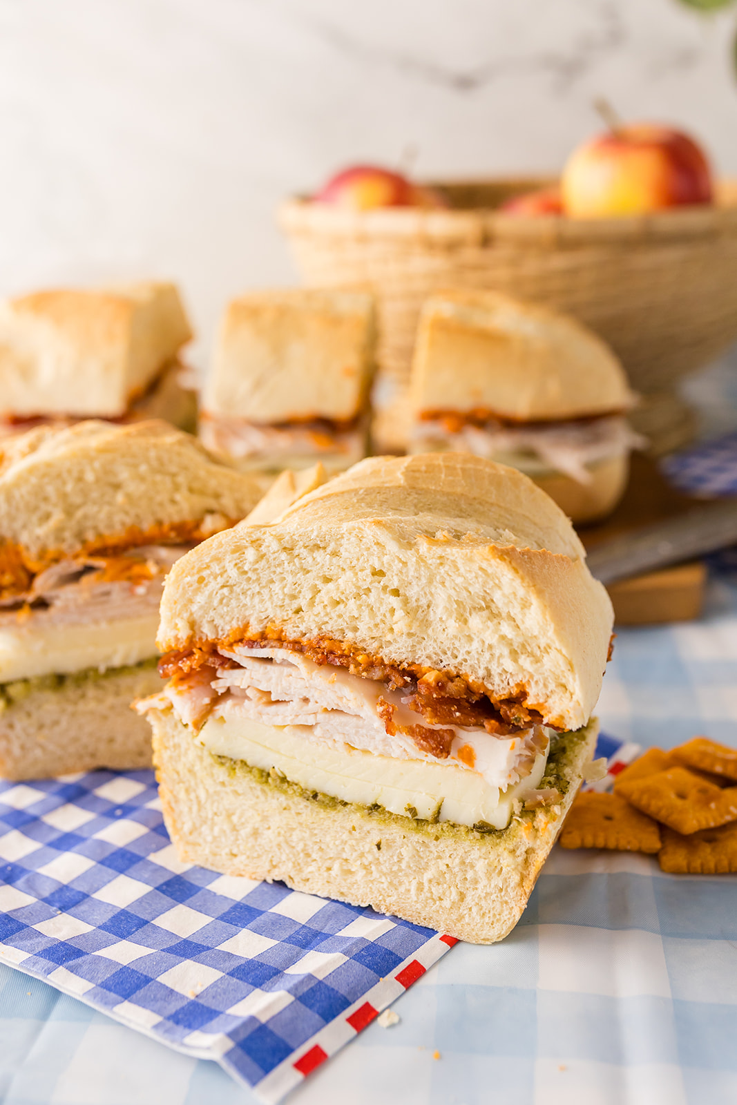 Tote-and-Slice Turkey, Bacon, and Pesto Picnic Loaf Sandwich