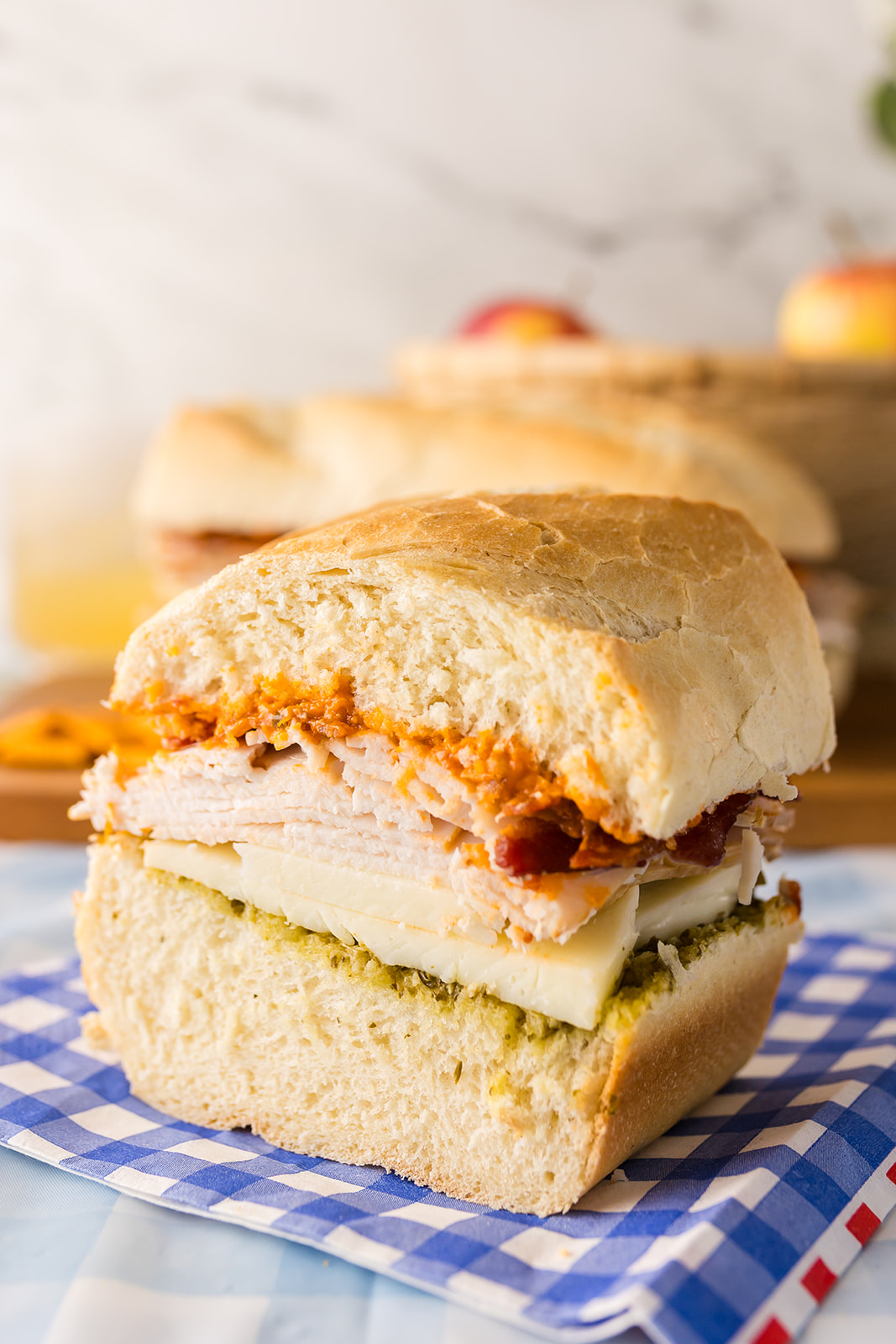 sandwich recipes for picnics: Tote-and-Slice Turkey, Bacon, and Pesto Loaf Sandwiches